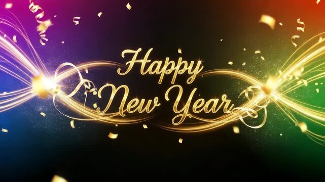 Golden happy new year greeting with sparkling lights and confetti on black background