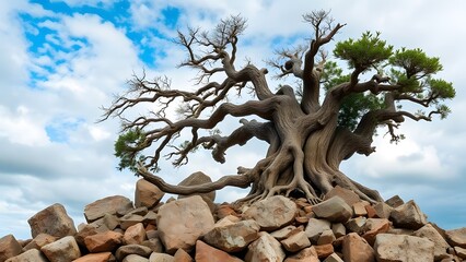 A Tough Old Tree with Large Roots Growing on a Rock. generative ai