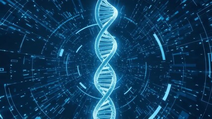 Glowing blue dna double helix structure on a futuristic digital background with circuit board patterns - Powered by Adobe