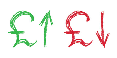 Hand drawn british pound currency symbol Growth and fall profit with arrow up and down Brush stroke doodle Element for design © Daria Shane