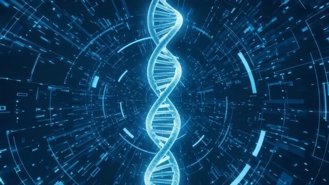Glowing blue dna double helix structure on a futuristic digital background with circuit board patterns