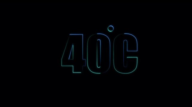 Neon 40&deg;C temperature display showing on black background. Weather temperature displays by degree, climate change, Scientific designs.
