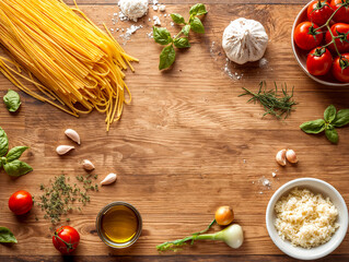 Top view of fresh Italian pasta ingredients on rustic wooden background with central copy space. Raw spaghetti, tomatoes, garlic, basil, and olive oil for cooking recipes and food menu.
