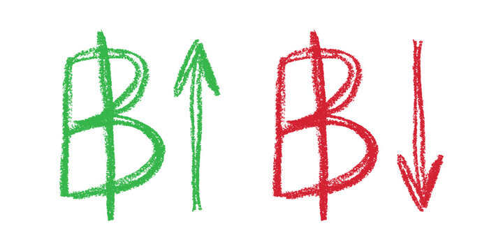 Hand drawn thai baht currency symbol Growth and fall profit with arrow up and down Brush stroke doodle Element for design