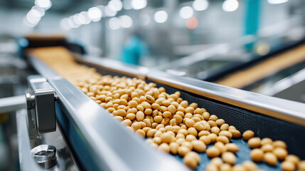 Clean soybeans moving on a stainless steel conveyor belt, food-grade processing environment, bright and hygienic atmosphere, evenly sorted soybeans, modern agricultural processing
