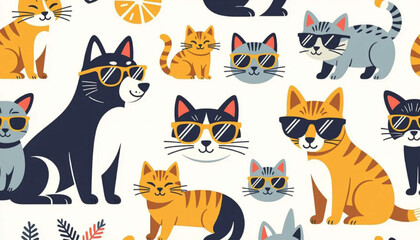 Seamless Pattern of Cool Cats and Dog Wearing Sunglasses - Flat Vector Illustration