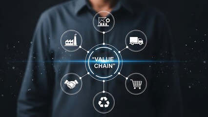 Businessman presenting a value chain concept with icons on a dark background
