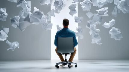 A side view of a person sitting on an ergonomic chair with their back to the camera, surrounded by floating paper sheets captured mid-air. The papers are suspended in dynamic patte