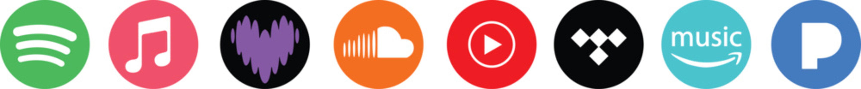 Set of Popular Music Streaming and Social Media App Icons. Colorful Round Vector Logos for Media Players and Audio Services