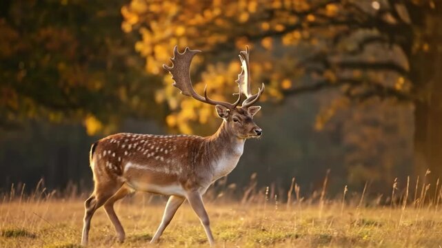 A fallow deer buck with large antlers stands in a field during autumn golden hour