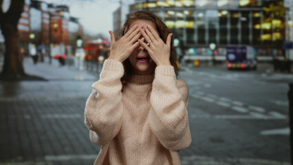 Woman in sweater outdoors on city street showing excitement with buildings and traffic in the background during daytime.