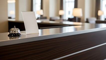 Reception Desk Bell and Reservation Card on Modern Counter in Hotel Lobby Interior with Natural Lighting and Focused View