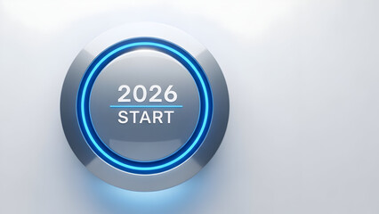 A futuristic blue button with the text 2026 start on a gray background