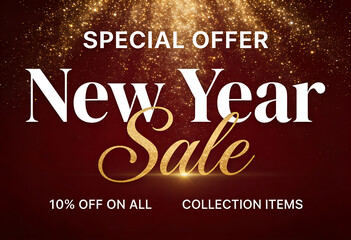 Happy new year sale announcement, featuring golden touch, beckoning shoppers to special offer for collection of items on festive background