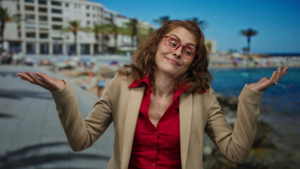 Woman with glasses in red and beige clothing outdoors on seaside promenade with blue sky and palm...