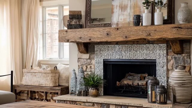 Medium shot of a fireplace mantel with eclectic decor blending traditional patterns and rustic materials offering a unique and inviting focal point.