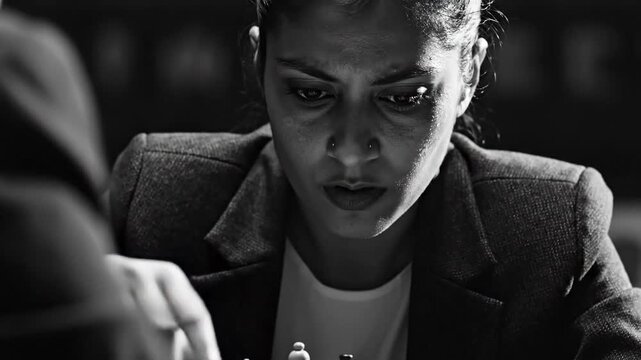 Intense Woman Grandmaster Deep in Thought During a Chess Match, Focusing on Strategy