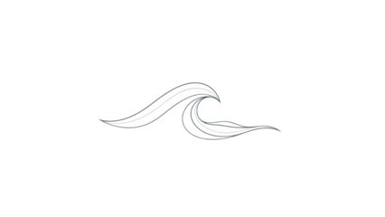 Minimalist line art drawing of a stylized ocean wave cresting, simple sketch of a sea swell in motion, elegant water symbol, monochrome design element isolated on transparent background