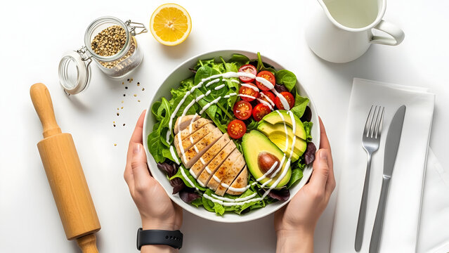 Hands holding a healthy salad bowl with grilled chicken and avocado on a white table - Powered by Adobe