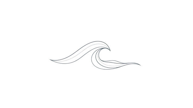 Minimalist line art drawing of a stylized ocean wave cresting, simple sketch of a sea swell in motion, elegant water symbol, monochrome design element isolated on transparent background