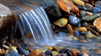 A serene stream flows over colorful pebbles, creating a tranquil natural scene with smooth stones and gentle water movement.