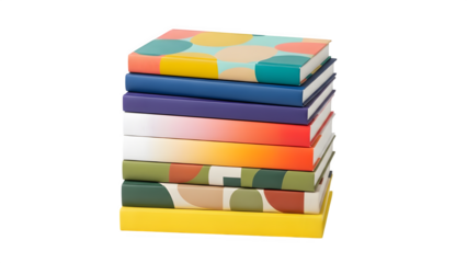 Stack of colorful hardcover books with patterned and solid spines, studio shot isolated on transparent background