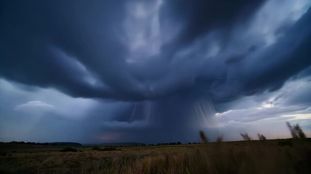 Dramatic Supercell Storm Cloud: Intense Weather Phenomenon Over Field &ndash; Cinematic Nature Footage of Extreme Weather.