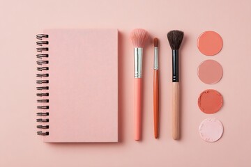Pastel pink notebook makeup brushes and swatches flat lay