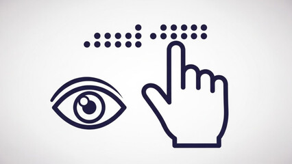 Graphic illustration of eye and pointing hand with braille dots, symbolizing accessibility and vision, for design and educational use