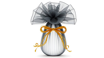 A decorative glass vase with an orange ribbon and a black mesh flower on top isolated on white background