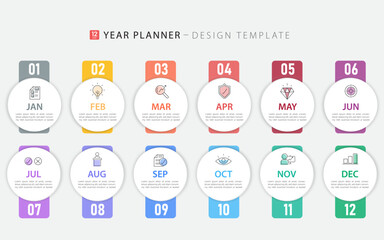Timeline Creator infographic template. 12 months timeline journey, 1 year calendar infographics design template. presentation graph. Business concept with 12 options or steps, vector illustration.