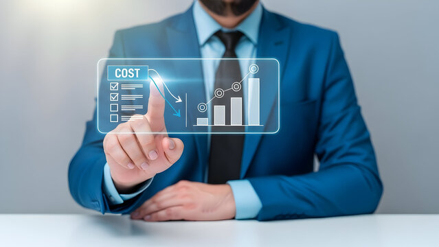 Businessman in blue suit interacting with virtual financial graph and cost analysis on transparent screen at white table - Powered by Adobe