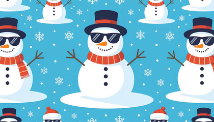 Seamless Cool Snowman Pattern with Sunglasses and Snowflakes on Blue Background