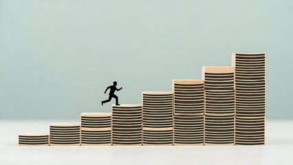 A person runs up a staircase made of stacked books on a plain background