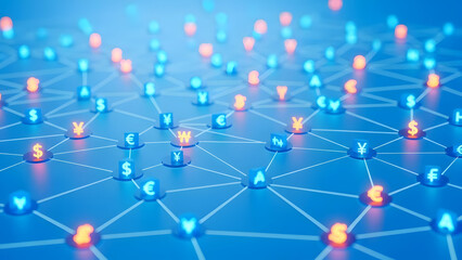 Network connections with glowing nodes on a blue background representing technology and data exchange