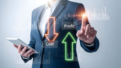 Businessman analyzing profit and cost with digital tablet and finger pointing up