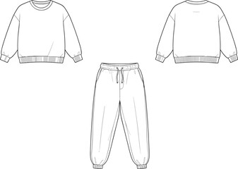 Vector fashion, sweatshirt and jogger set front back flats, apparel template, casual loungewear illustration design outline