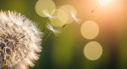 Close up of dandelion seed head with floating seeds against sunny backdrop