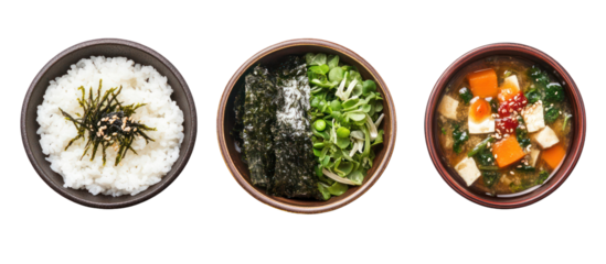 Weight-loss Japanese plates featuring grilled tofu and steamed greens on transparent background