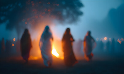 People dancing around a Bonfire wearing traditional clothes. festival of lohri or Holi or Holika Dahan celebration concept.