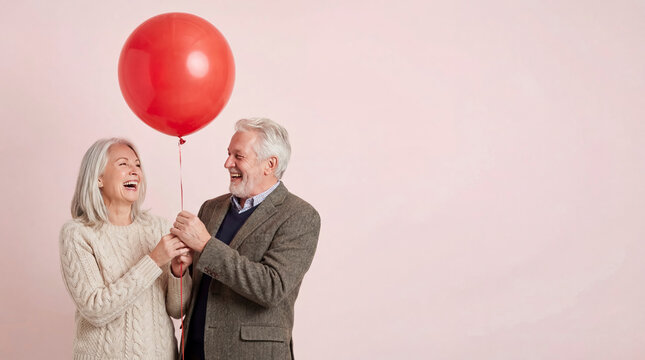 A couple enjoys Valentine's Day smiling and holding a red balloon. They share a joyful moment in a cozy indoor space, celebrating their love together