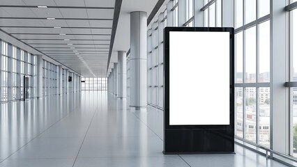 Empty Modern Airport Terminal Corridor with Digital Advertising Display Screen, Spacious Interior, Natural Light, Wide Angle View