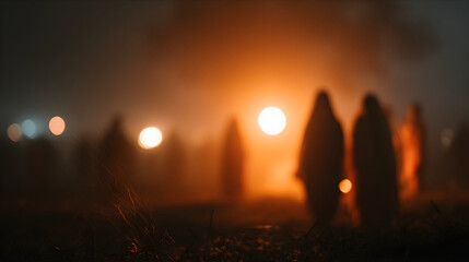 People dancing around a Bonfire wearing traditional clothes. festival of lohri or Holi or Holika Dahan celebration concept.
