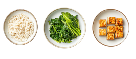 Weight-loss Japanese plates featuring grilled tofu and steamed greens on transparent background