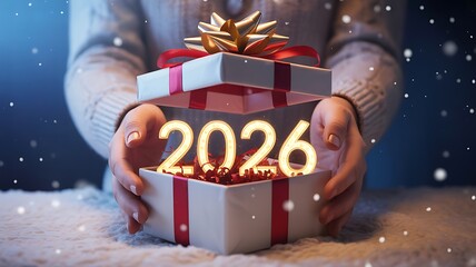 A person holding a gift box with 2026 glowing inside during a snowy scene