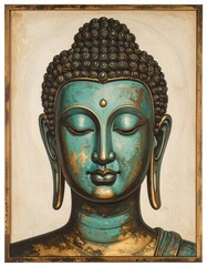 A serene Buddha face in turquoise and bronze tones. The antique-style piece features closed eyes, elongated earlobes, and intricate hair curls. Spiritual symbolism, mindfulness, art, identity, culture
