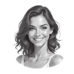 Portrait of a smiling woman with wavy hair in a halftone style