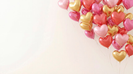 A collection of heart-shaped balloons in shades of pink and gold floating in the air. These balloons add joy to any celebration focused on love and romance during Valentine's Day
