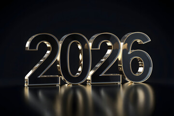 Luxury 2026: Black 3D Numbers with Golden Glow