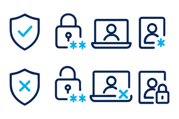 Security and access control icons set shield, lock, laptop user, and profile icons